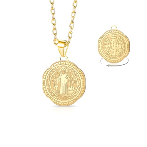 VASSAGO Stainless Steel Saint Benedict Medal Necklace for Women Men Gold
