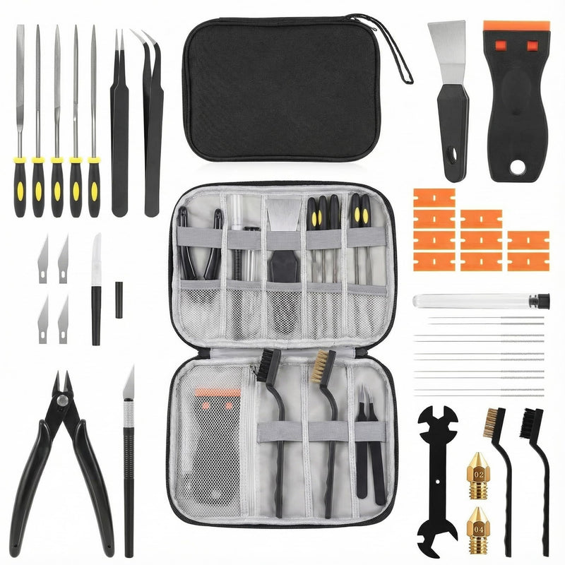 [Australia - AusPower] - 34 in 1 3D Printer Tools Kit Essential Accessories for All FDM & SLA 3D Printers Nozzle Cleaning & Filament Removal Scrapers 5 Types of Files, Brushes, Wire Cutter, Engraving Knife P01 