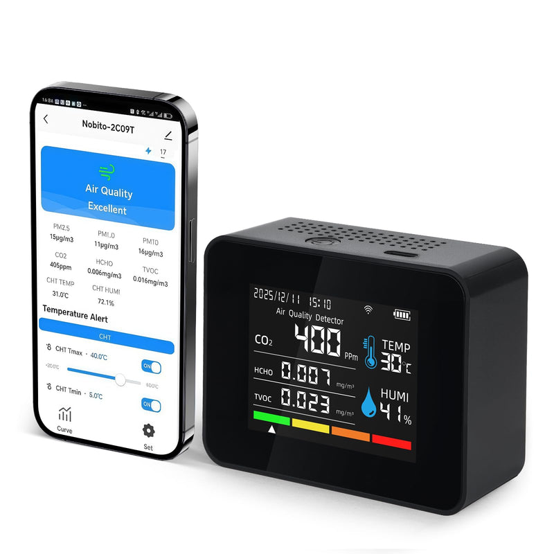 Smart Air Quality Monitor, Indoor Air Quality Meter with HCHO, CO2, PM2.5 PM10,PM1.0, TVOC, AQI, Temperature & Humidity,Time&Date,Alarm, 1-Year Data Storage, App Control for Home & Office