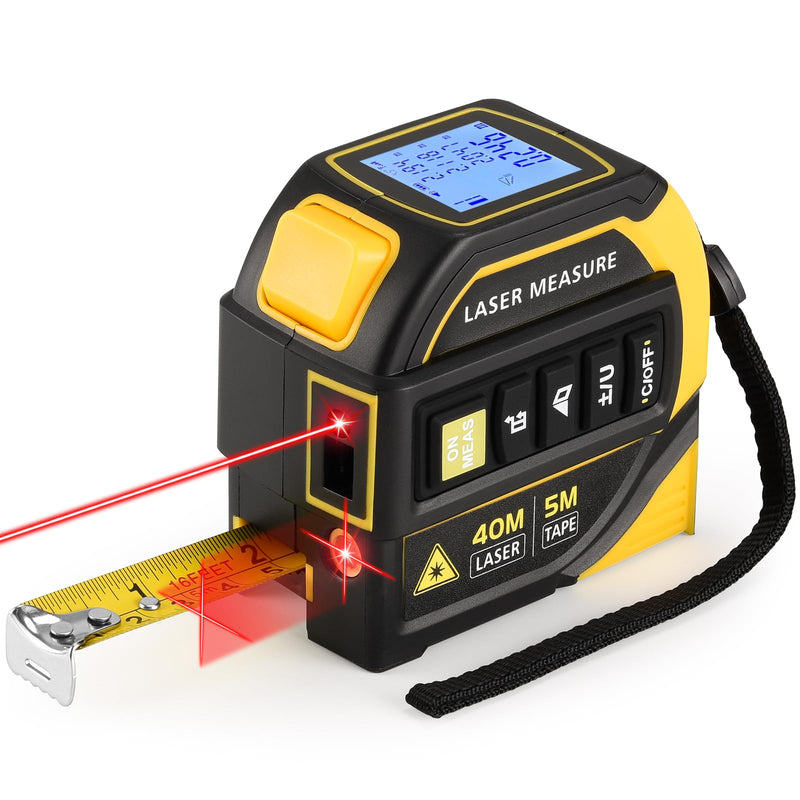 4-in-1 Laser Tape Measure - Class 2, 131FT Laser Distance Meter, 16FT AutoLock Tape Measure, Cross-Line Laser Level, Dual-Axis Electronic Angle, LCD Display, for DIY, Construction Projects