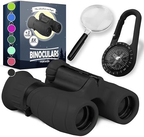Binoculars for Kids – Perfect Toy for Little Boys and Girls – Extensive Set Incl. Magnifying Glass & Compass – Powerful Magnification 8X21 – 3 to 12 Year Old Kids for Toddler Black