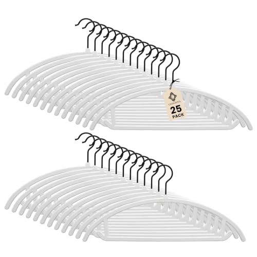 Concepts 25 Pack Velvet Hangers – White Heavy-Duty Non Slip Clothes Hangers with Black Curved Hooks, No Shoulder Bumps, Space-Saving Rounded Design for Suits, Coats, Jackets & Pants White / Black Hook Adult