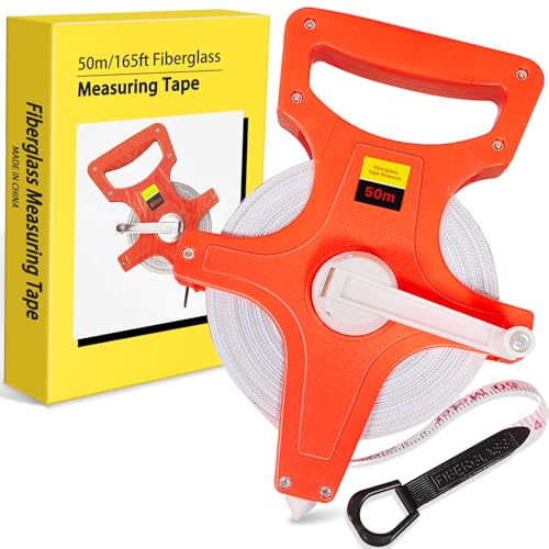 Tape Measure 50 m / 165 ft, Tape Measure 50 m with Fold-Out Crank, Inch/Metre Tape Measure, Fibreglass Tape Measure with Centre Tip, Roll Tape Measure with Folding Lever, Marked on Both Sides | Zoll/Meter Bandmaß, Rollmaßband Fiberglas mit Zentrierspit...