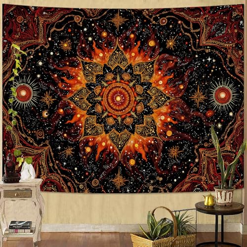 Spenlife Celestial Sunburst Tapestry, Fire Mandala Tapestries for Bedroom, Boho Wall Decor, Cosmic Tapestries (80" x 60") 80"L x 60"W Black Orange