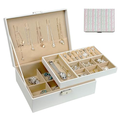 Double Layer Jewelry Box, PU Leather Jewelry Organizer with Lock, Large Capacity for Earrings, Necklaces, Bracelets, Unique Printed Design,Great Gift (Flower) Flower