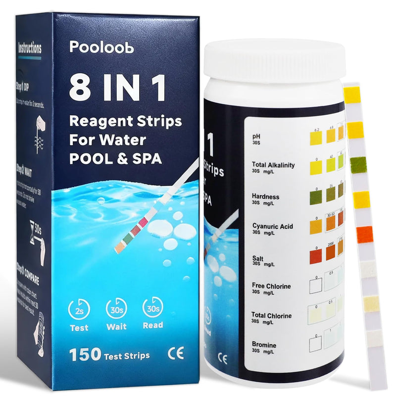 [Australia - AusPower] - Pooloob 8-in-1 Pool and Spa Test Strips, 150 Count Water Testing Kit for Saltwater & Chlorine Pools - Tests pH, Salt, Free Chlorine, Bromine, Alkalinity, Hardness, Cyanuric Acid & Total Chlorine 