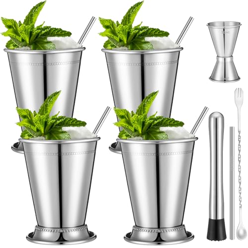 4 Set Mint Julep Cup Set 12oz Silver Stainless Steel Cups with Straws Muddler Jigger and Mixing Spoon, Derby Cocktail Bar Kit Gift for Party Bar Home