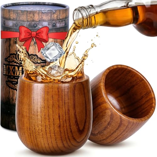 Mens Gifts Set of 2 Solid Wood Whiskey Glasses, 10oz Wooden Tumblers – A Perfect Pair & Unique Gift for Fathers Who Have Everything, Birthday Anniversary Present for Dad, Husband, Him, Couple