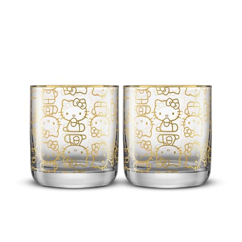 JoyJolt Sanrio Hello Kitty Charmed Short Glasses, 10oz Drinking Glass Cups Set of 2, Cute Short Glass Tumbler Set, Hello Kitty Stuff, Kawaii Gifts for Women