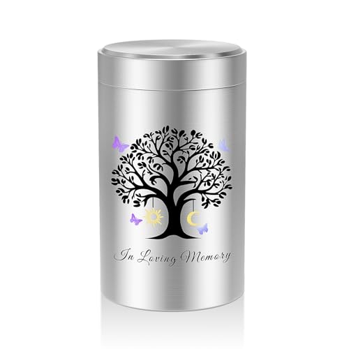SOITIS Mini Urn for Human Ashes 3.54 Inch Small Urns for Human Ashes Keepsake Memorial Urn for Human Ashes Aluminum Keepsake Cremation Ashes Keepsake-Tree of Life with the Moon and Sun Silver-Tree