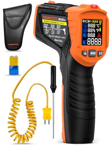 IM06MAX Digital Infrared Thermometer Laser -50°C to 800°C with K-Type Probe, IR Pyrometer Temperature Meter with Dew Point Detection for Industry, HVAC, Cooking & Car Repair