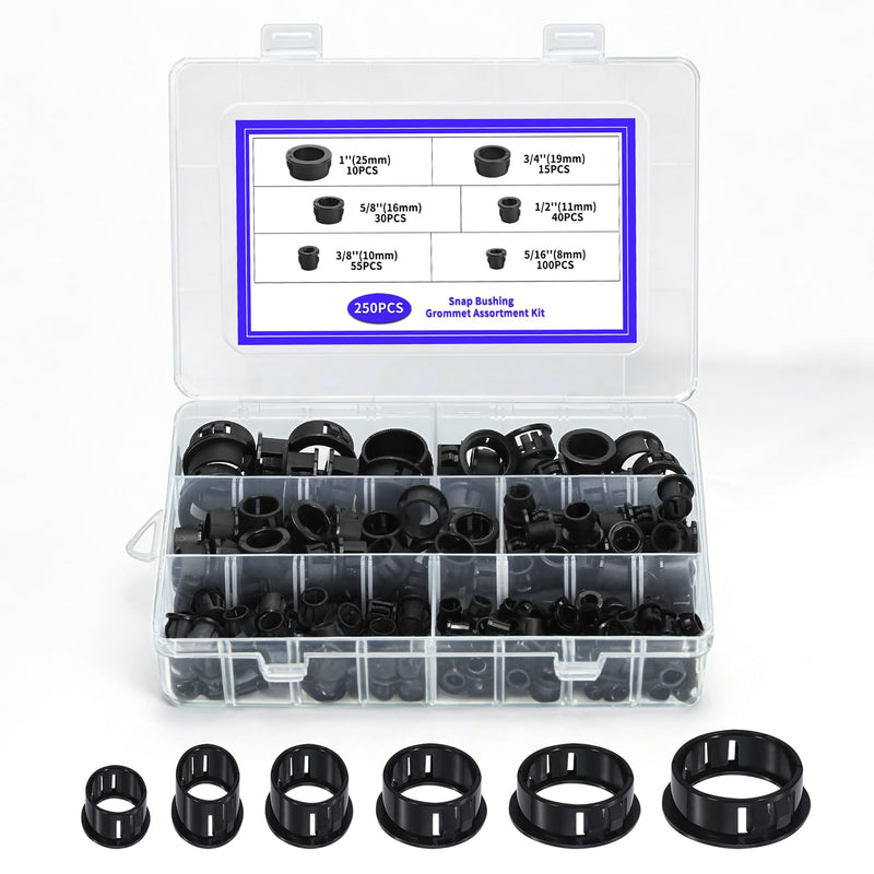 250 Pcs Cable Snap Bushing Grommets, Black Round Nylon Snap in Cable Grommet Protector, 5/16" 3/8" 1/2" 5/8" 3/4" 1" Cable Snap Hole Plugs Locking Bushing Assortment Kit 250