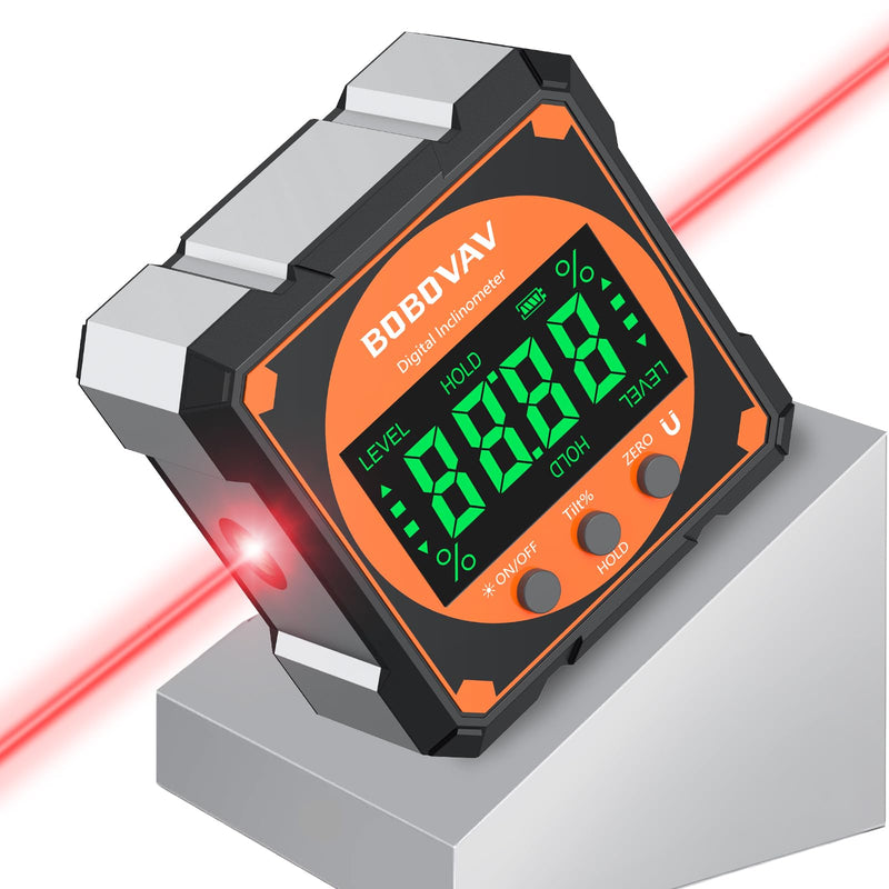 4-side Magnetic Digital Angle Gauge with Laser(Class 2, ＜1mW Output), 4 * 90° Rechargeable Electronic Inclinometer Protractor Level Gauge for Woodworking Tablesaw Orange