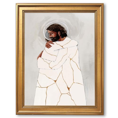 Framed Jesus Healing Embrace Wall Art Christ Comforting the Broken-Hearted Religious Easter Print Christian Canvas Painting Inspirational Poster Picture Modern Faith Decor for Home Office 12x16inch 12"L x 16"W 2-Jesus Healing Embrace