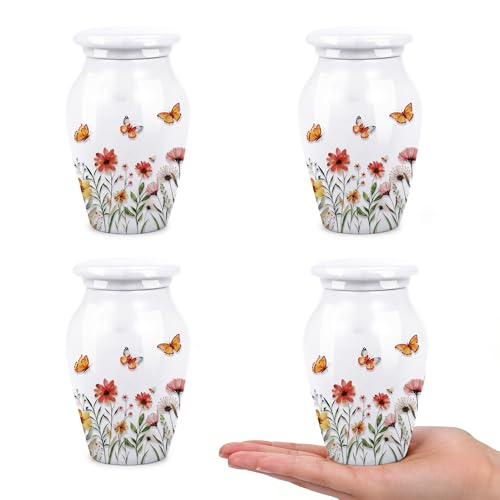 Gredstar 4PCS Wildflower Ceramic Urns for Ashes, Small Sharing Keepsake Set Wildflower - Set of 4