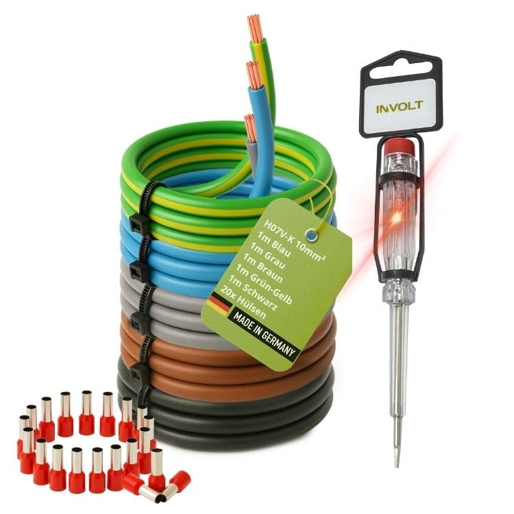 INVOLT H07V-K Wiring Cable 10 mm² Set, 5 x 1 m Cable, 20 Wire End Ferrules, Phase Tester 1m + 20 Sleeves