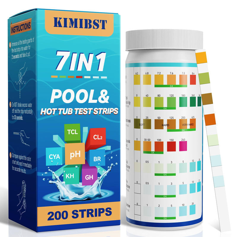 [Australia - AusPower] - Pool Test Strips: 200CT 7-Way Professional Hot Tub & Spa Test Kit for Bromine pH Total Chlorine & Hardness Cyanuric Acid and More Accurate Testing Above Inground Swimming Pool Water (200) 200 