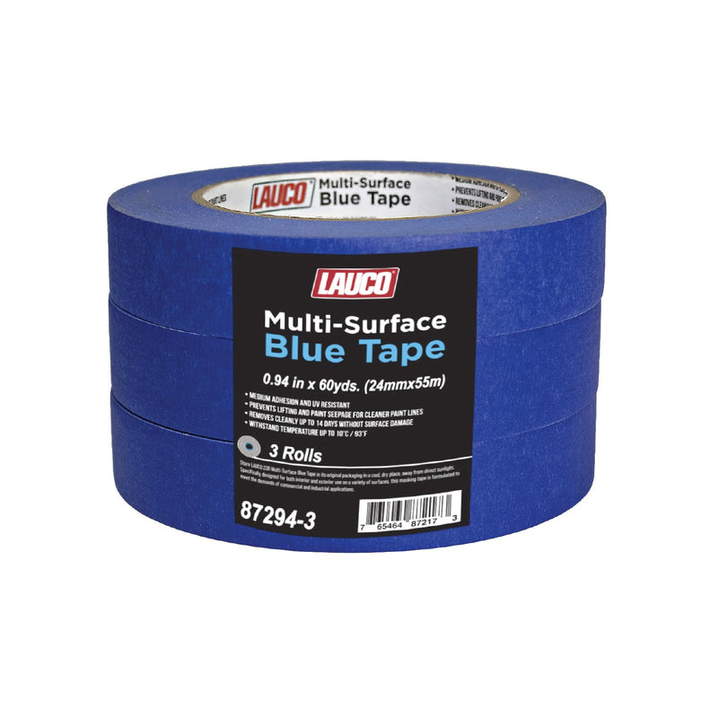 LAUCO Multi-Surface Blue Painter’s Masking Tape, Medium Adhesion, UV-Resistant, Clean Removal, 1.88 in x 60 yds (48mm x 55m) Rolls, Ideal for Indoor & Outdoor Painting, Trim, Walls (0.94 In (3 Rolls))