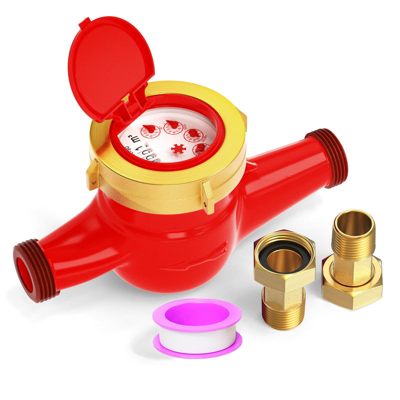 [Australia - AusPower] - Hot Water Meter, 3/4" NPT Thread Couplings, with Brass Coupling Pipe Fitting, Horizontal Install, for use in Home hot Water Systems 