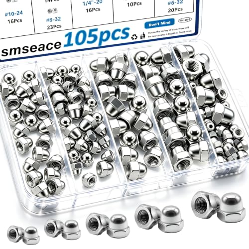 smseace 105-piece 304 stainless steel SAE acorn nuts assortment kit in silver case