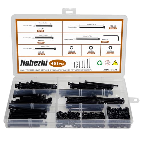 Jiahezhi M3 socket head screws, metric bolts, washers and nuts assortment kit, 461 pieces in storage case