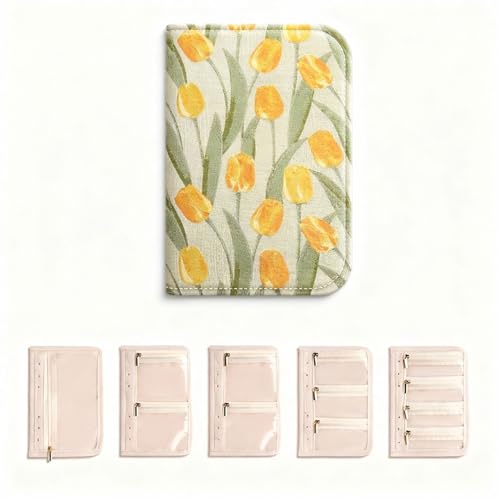 Travel Jewelry Organizer Booklet with 5 PCS Pages & 12 Zippered Pocket, Portable Jewelry Storage Pouch with PVC Windows – Mini Jewelry Travel Case for Necklaces, Rings & Earrings (Tulip) Tulip