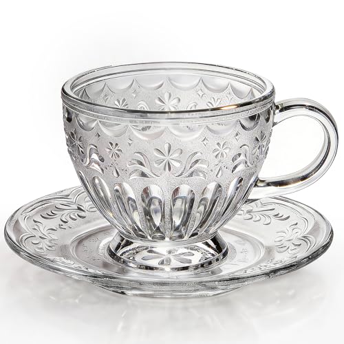 Vintage Glass Tea Cup and Saucer Set, 12 oz Large Coffee Cup Classic Frosted White Round