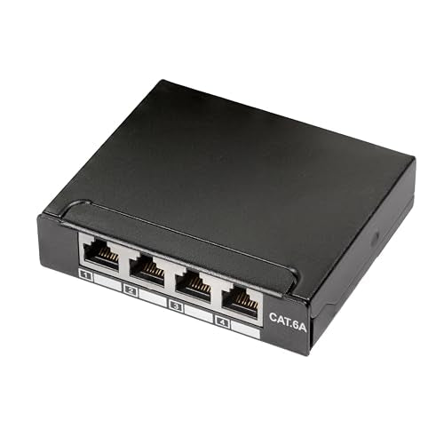 BIGtec 4 Port Patch Panel CAT6a Mini Patch Panel Network LSA Distributor RJ45 Patch Cable Network Cable Installation Cable Panel Metal Housing Wall Mounting Table Mount DIN Rail Mounting