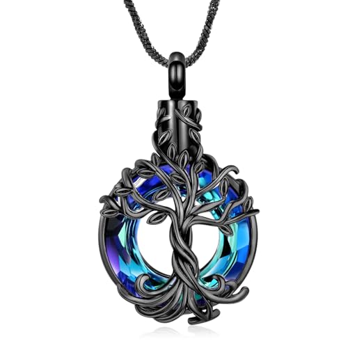 Yinplsmemory Tree of Life Cremation Jewelry Circle Urn Ashes Necklace for Women Men Memorial Keepsake Ashes Jewelry Black-blue