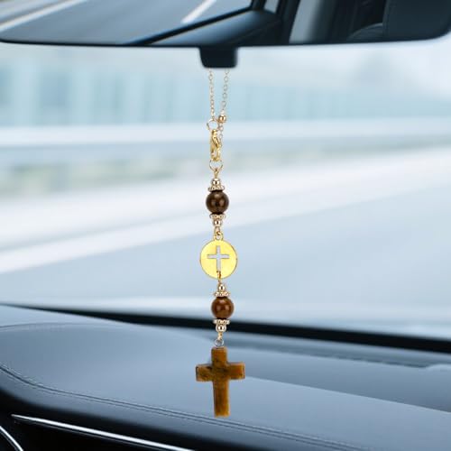 Cross Crystal Car Charm for Rear View Mirror, Cute Boho Car Mirror Hanging Accessories for Women (Yellow) Yellow