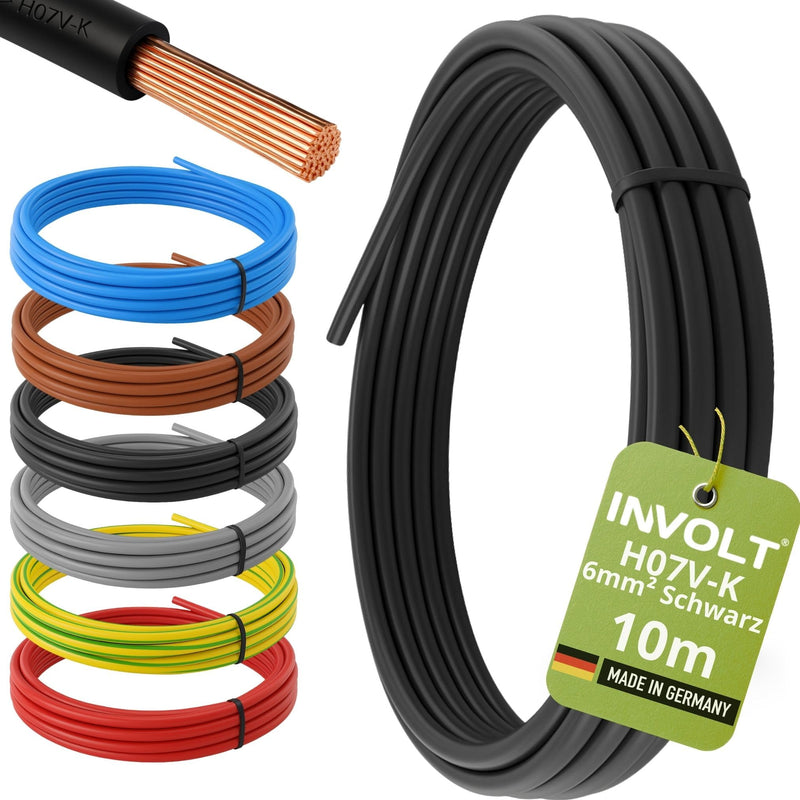 INVOLT 10 m H07V-K 6 mm² Wiring Cable Blue Wire Cable Sold by the Metre | Fine-wired, flexible, grounding cable for electrical installation, made in Germany black