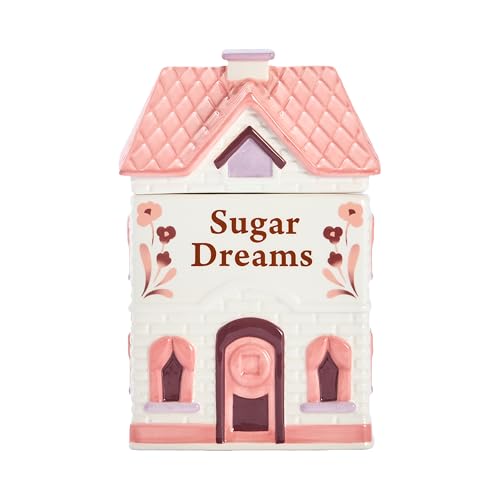 Bico Spice Cottages 7.5-Inch Pink Ceramic Cookie Jar, Hand-Painted House-Shaped Airtight Container for Cookies, Treats & Snacks