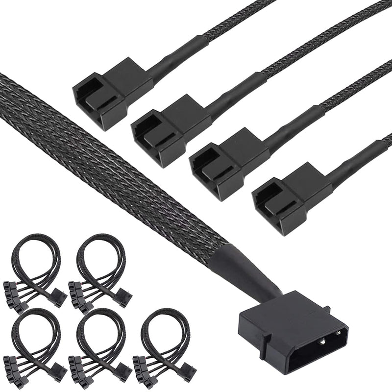 Molex Plug Fan Cable, 4-Pin Case Fan Power Cable (without PWM Function), Pack of 5 4 Pin LP4 to 4 x 3-Pin / 4-Pin Male Sleeve Power Supply Cable 30 cm