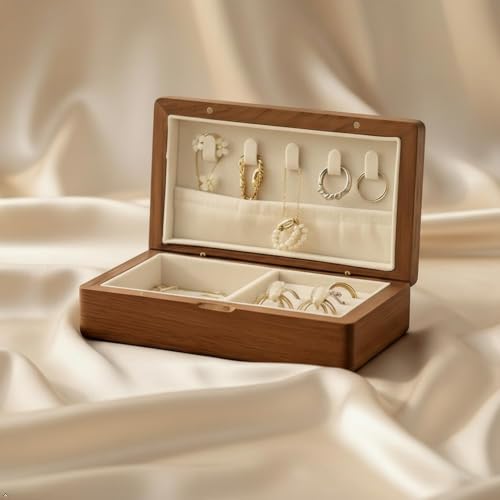 Real Wooden Jewelry Box With Flannelette Lining Travel Portable Multi-functional Suitable For Rings Bracelets Necklaces With Compartmented Storage And Elastic Pockets For Organization Small