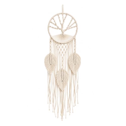 White Macrame Dreamcatcher Wall Hanging, 37” Long Vertical Boho Decor with Feathers & Tree of Life, Handmade Cotton Weaving for Bedroom, Meditation Space, Yoga Studio - Calming Spiritual Gift