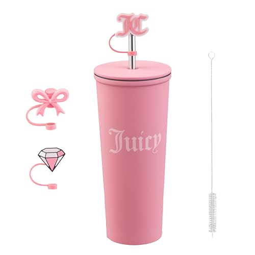 Juicy Couture 6-Piece Tumbler Gift Set With 24oz Stainless Steel Tumbler With Reusable Straw, 3 Straw Toppers and Cleaning Brush, Pink Hot Pink 24 Ounces