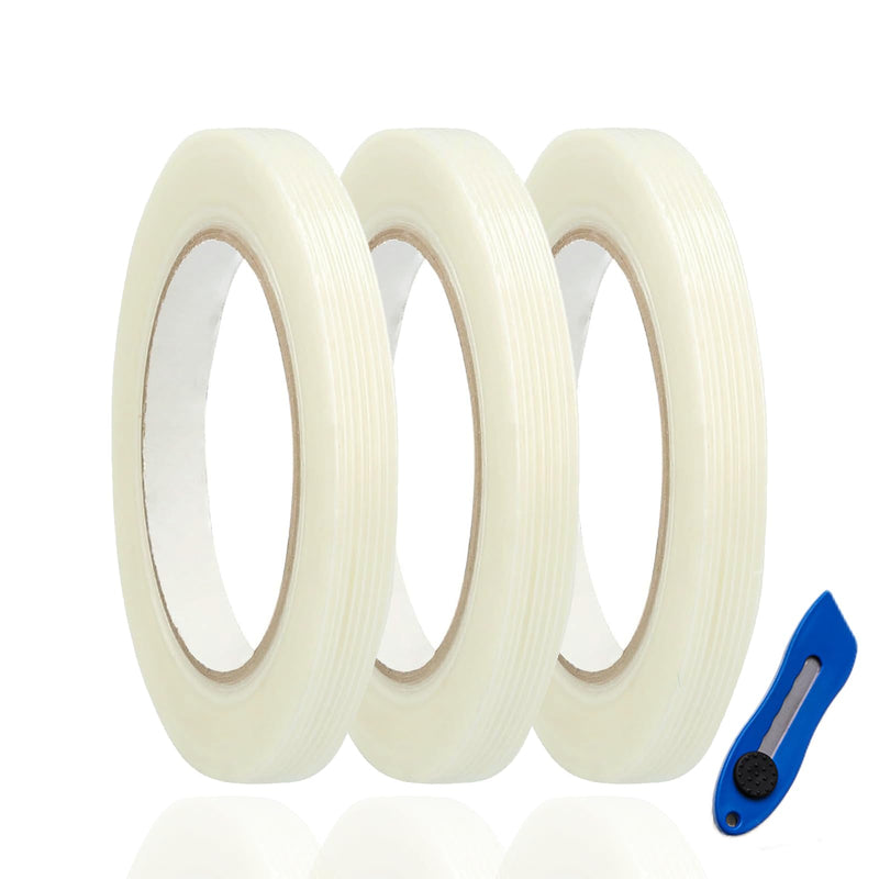 3-Pack Mono Filament Strapping Tape with Portable Craft Knife, 5.5mil x 1/2Inch x 55yds, Heavy Duty Transparent Reinforced Fiberglass Tape
