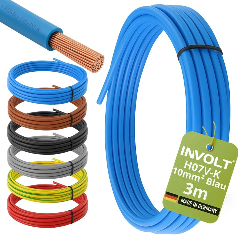 INVOLT 3 m H07V-K 10 mm² Wiring Cable Blue Wire Cable Sold by the Metre | Fine-wired, flexible, PVC wiring cable for electrical installation, made in Germany 3m