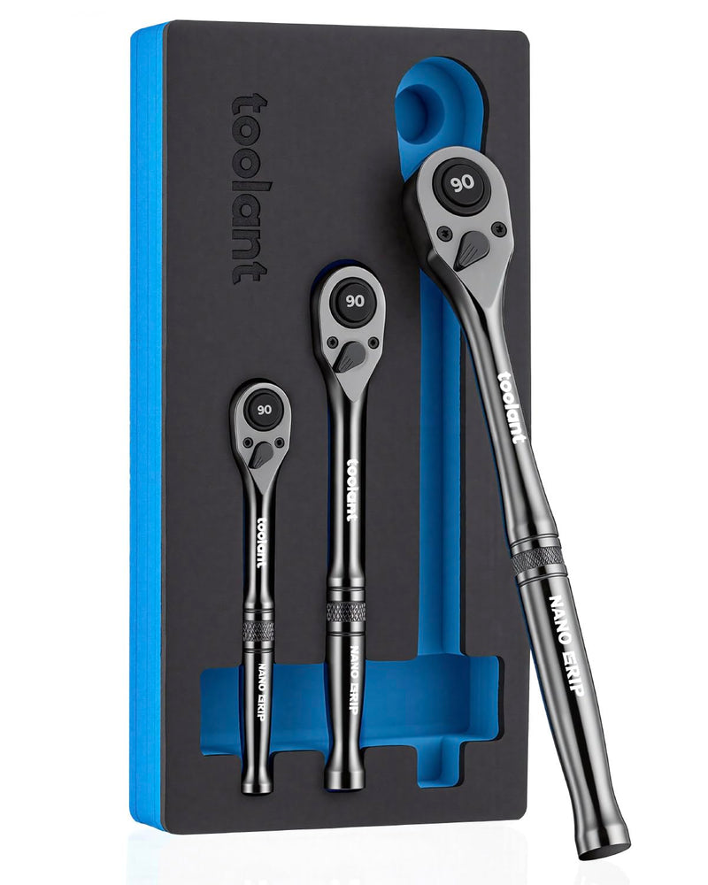 toolant 3PCS Ratchet Wrenches Set, 90-Tooth Compact ratchet sets 1/4", 3/8", 1/2", 4° Swing, Black Titanium Finish with Reversible Quick Release for Men Mechanic Hand Tools Fix-head Ratchet