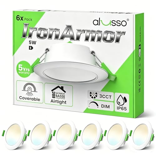 ALUSSO Metal LED Recessed Spotlight, 230 V, Dimmable, Ceiling Spotlights, Bathroom Spotlights | 68-75 mm 5 W 550 lm IP65 3CCT, ultra-flat 27.7 mm, airtight insulation coverable, IC rated, white, set of 6 Round White, Set of 6 5W, Ausschnitt Ø68-75mm