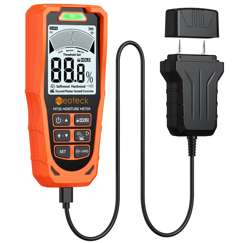 Neoteck 2 in 1 Moisture Meter 19mm Inductive Depth Wood Moisture Meter with ±2% Accuracy Rechargeable Pinless Moisture Meter for Soft/Hard Wood Drywall Plaster Screed Concrete