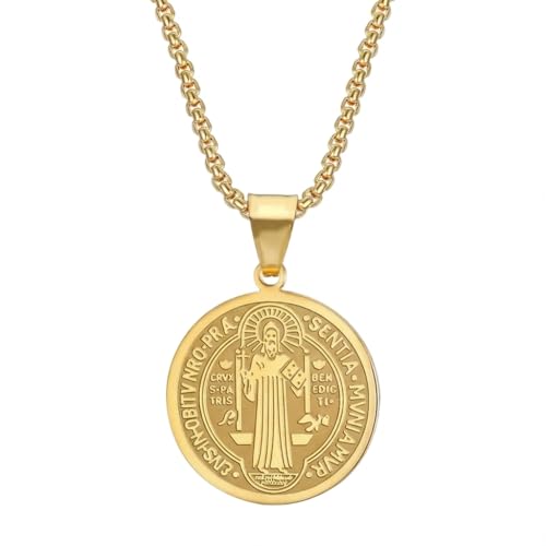 Saint Benedict Medal Necklace for Men Women，Stainless Steel Double Sided Catholic Protection Pendant, St Benedict Medallion Exorcism Amulet for Faith Blessing, 24" Adjustable Chain Gold