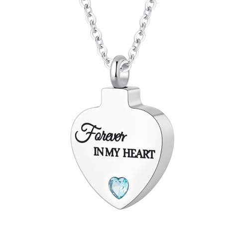 Cremation Jewelry for Ashes Pendant - Crystal Birthstone Heart Urn Necklace with Mini Keepsake Urn Memorial Ashes Jewelry for Women - Forever In My Heart Light Blue