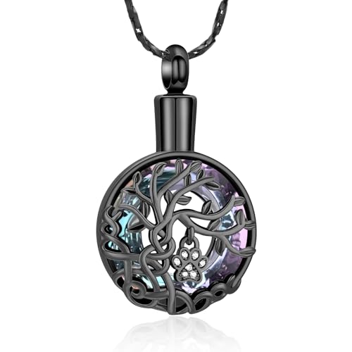 Imrsanl Tree of Life Urn Necklace for Ashes Paw Print Circle of Life Cremation Jewelry Keepsake Pendant Memorial Pet Ashes Holder for Women Men Black-Purple