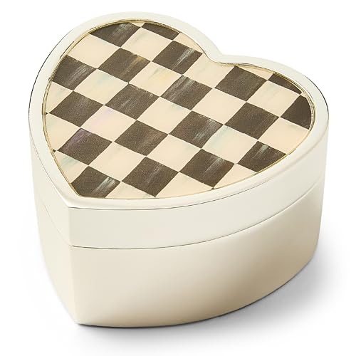 MACKENZIE-CHILDS silver-plated jewelry box with Courtly Check heart design, decorative storage for jewelry and accessories.