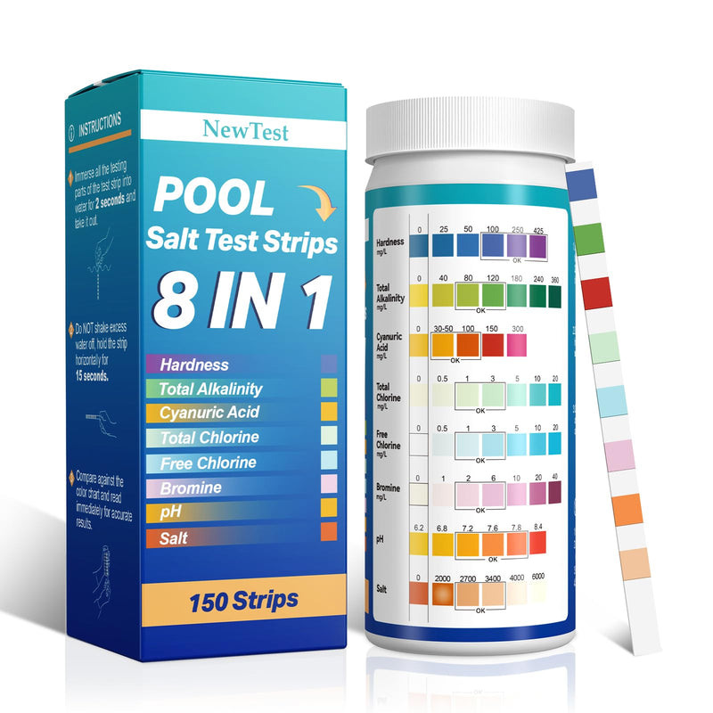 Pool Salt Test Strips: 150CT 8 in 1 Professional Pool Test Strips for Salt Water Pool & Hot Tub & Spa & Swimming Inground Pools - Quick Accurate Results Saltwater Pool Testing Kit 150