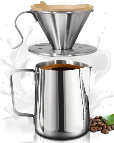 Belly Moka stainless steel pour over coffee dripper with reusable filter and 50 disposable papers, silver color, 11.8oz capacity