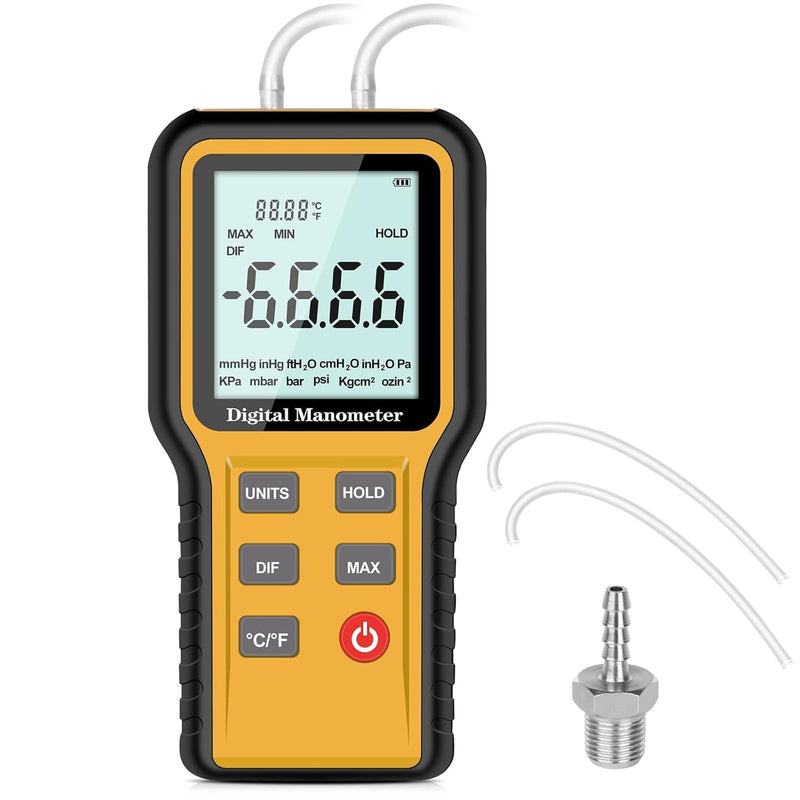 Manometer, Digital Manometer HVAC, Dual-Port Gas Pressure Tester, 12 Units Differential Pressure Gauge, Data Storage & Zeroing, Air Pressure Meter with LCD Blacklit 0.4&0.4inch