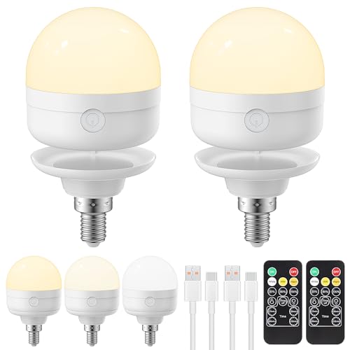 LGMCF E14 Rechargeable Light Bulb 8W 3 Colors Dimmable 2 Pack | Remote control, timing function, magnetic base, battery bulb, LED rechargeable bulb for non-wired lamps E14 (Pack of 2)