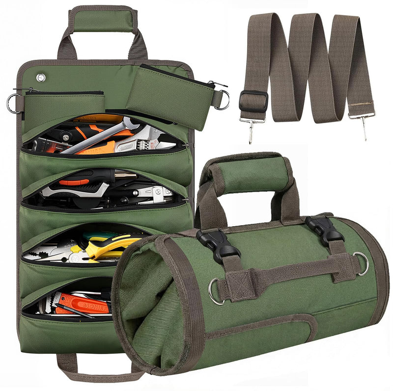 Sellign Tool Bag Roll Up，Heavy Duty Portable soft Tool Storage Organizer, Foldable Rollup with Small Pockets, Official Rollable Toolbag, Father Day Gifts for Him Dad Men Mechanic Welding(Green） Green